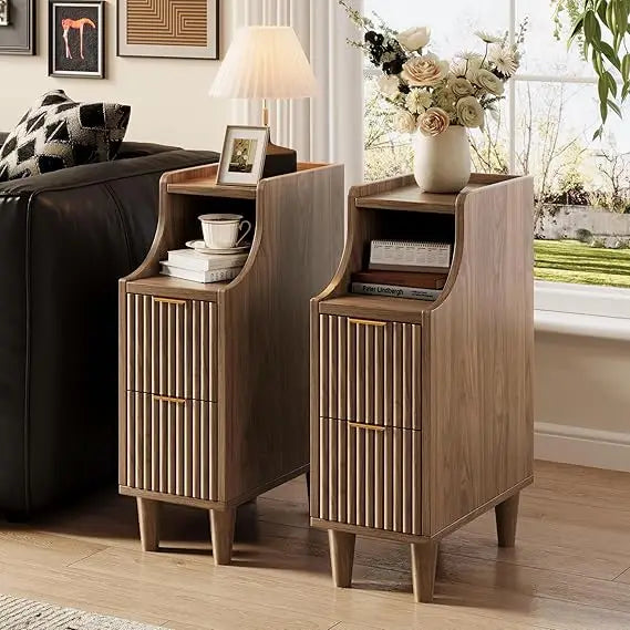 Fluted Nightstands Set of 2 Modern Walnut Bedside Tables with Drawers & Storage for Stylish Bedrooms