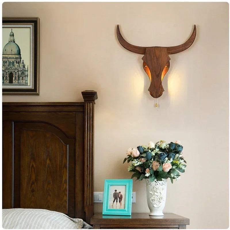 Unique Home Decor Wall Lamp – Nordic Wooden Bull & Elephant Animal Head Light Fixture
