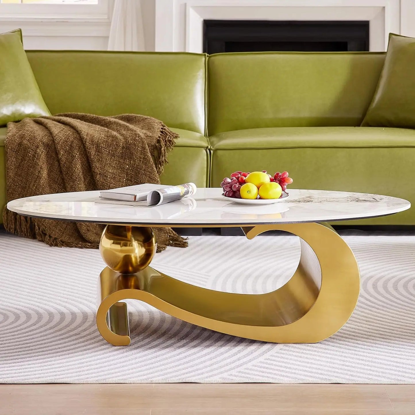 Modern Oval Stone Coffee Table Elegant Gray Metal Base Centerpiece for Luxury Living Rooms