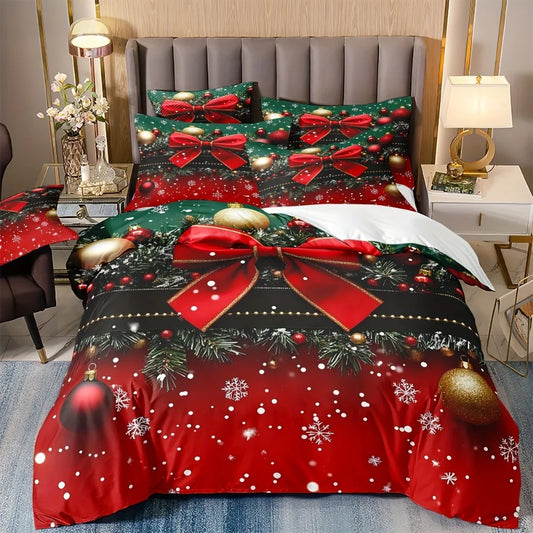 Christmas Bedding Set Green & Red Bow Print Cozy Duvet Cover in All Sizes