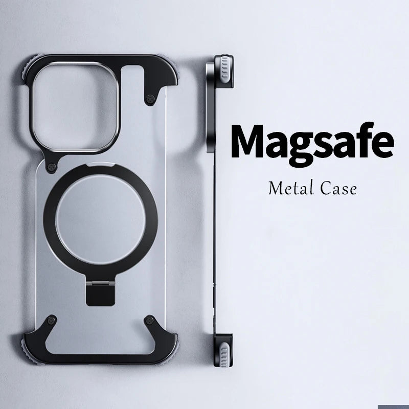 Sleek & Sturdy: Aluminum Alloy Magnetic Stand Rimless Phone Case for iPhone 13, 14, 15 Pro Max & 15 Plus!