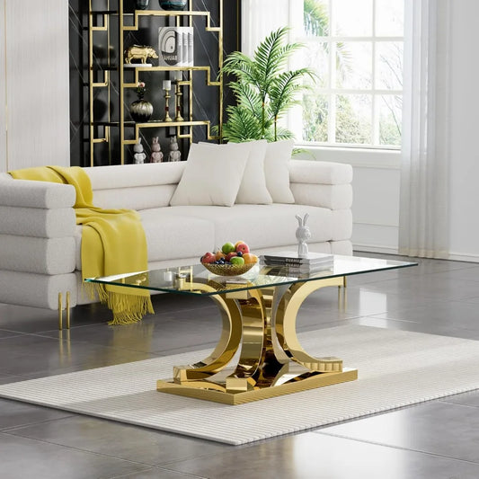Elegant Glass Center Table – 47" Tempered Glass Coffee Table with Gold Stainless Steel Legs