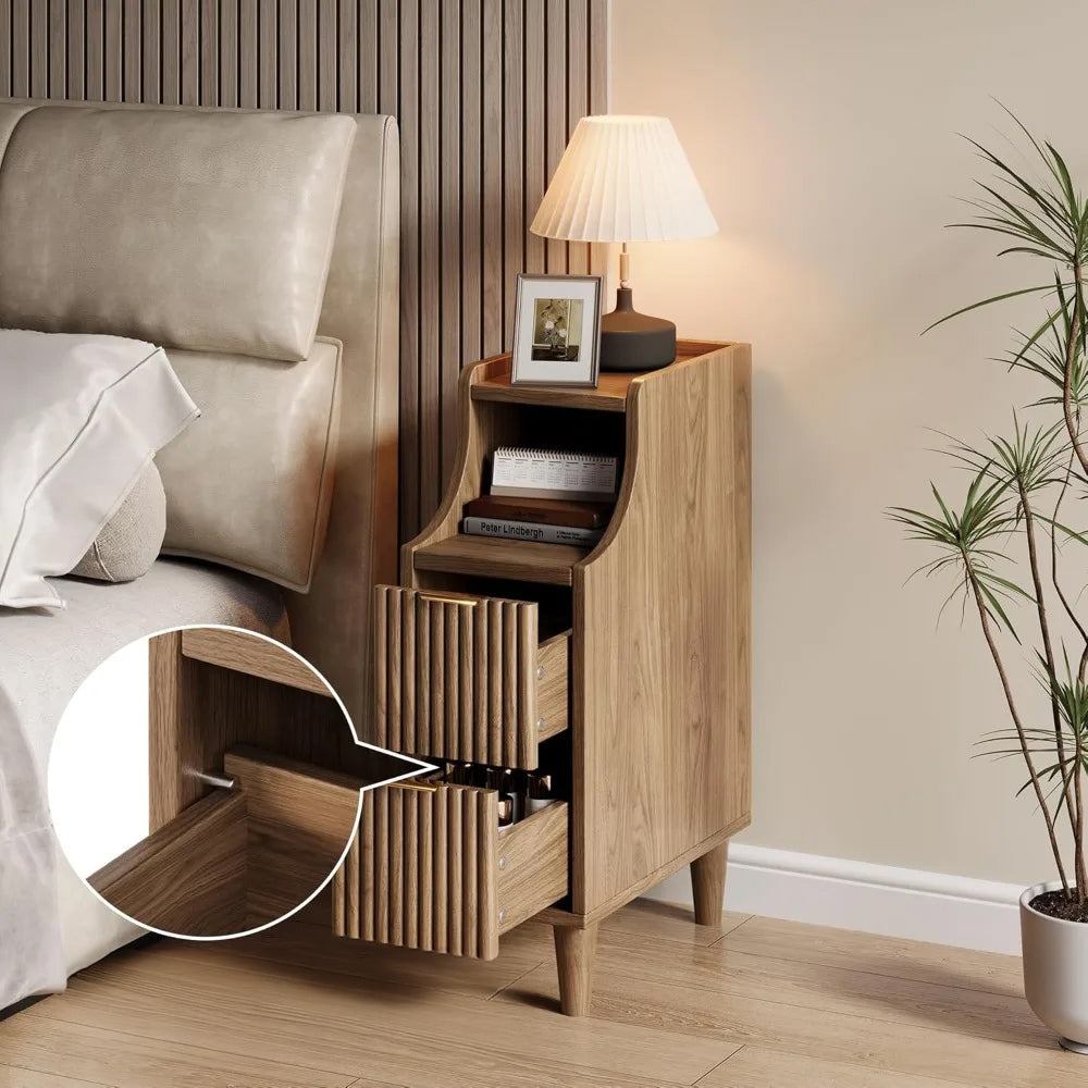 Fluted Nightstands Set of 2 Modern Walnut Bedside Tables with Drawers & Storage for Stylish Bedrooms
