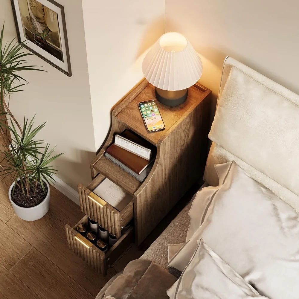 Fluted Nightstands Set of 2 Modern Walnut Bedside Tables with Drawers & Storage for Stylish Bedrooms