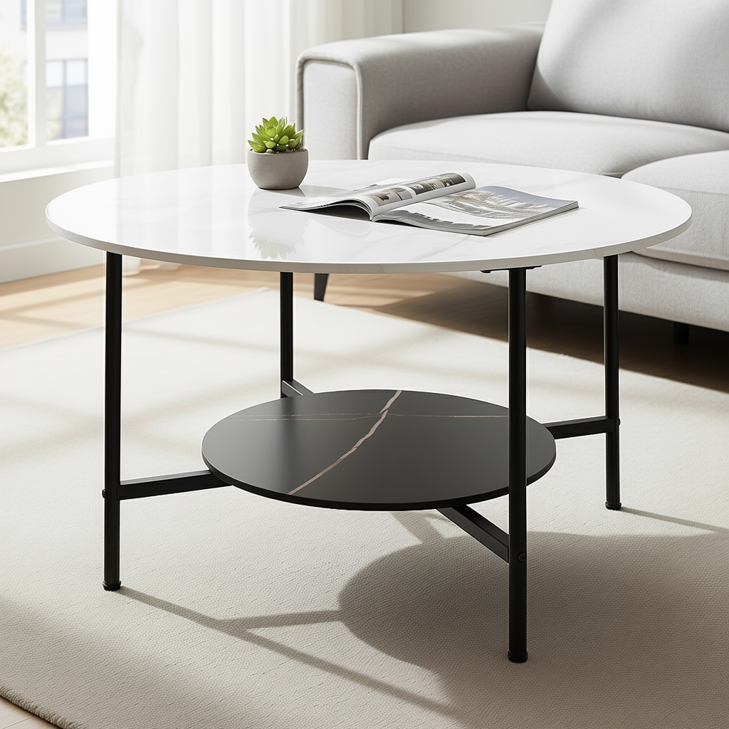 Luxury White Marble Round Coffee Table with Storage for Living Room