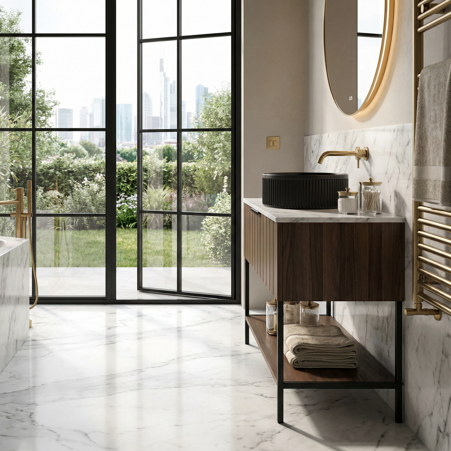 Luxury Bathroom Vanity with Black Ceramic Sink Modern Striped Design & Smart Storage