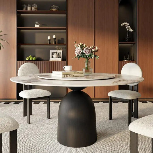 Black Round Dining Table with Sintered Stone Top & Lazy Susan for Living Room