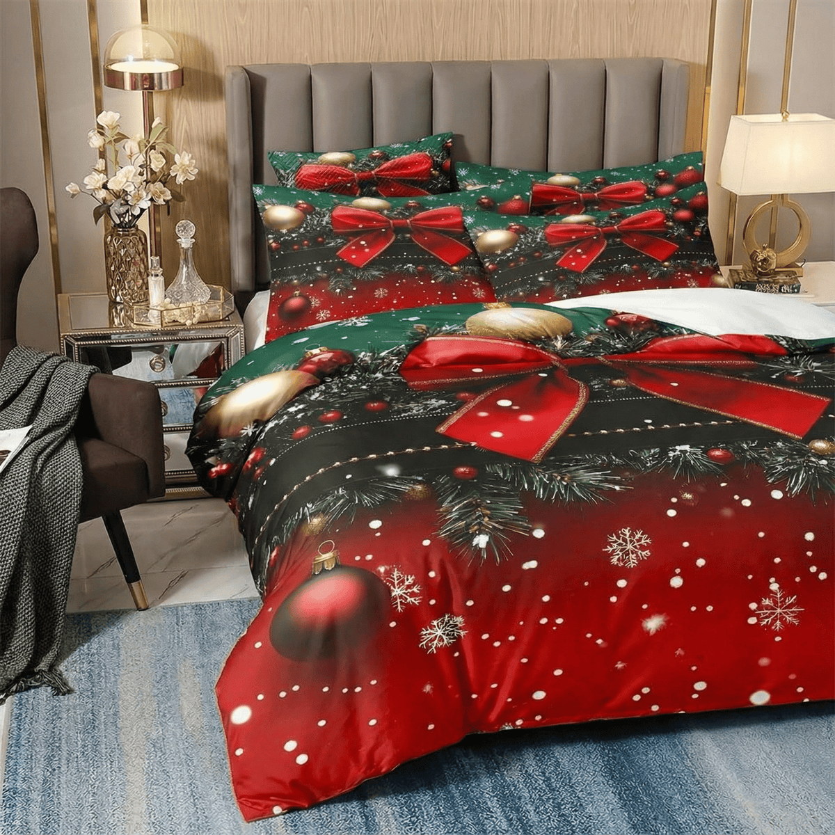 Christmas Bedding Set Green & Red Bow Print Cozy Duvet Cover in All Sizes