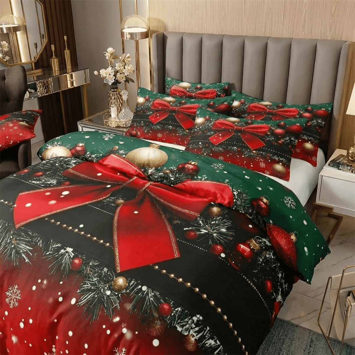 Christmas Bedding Set Green & Red Bow Print Cozy Duvet Cover in All Sizes
