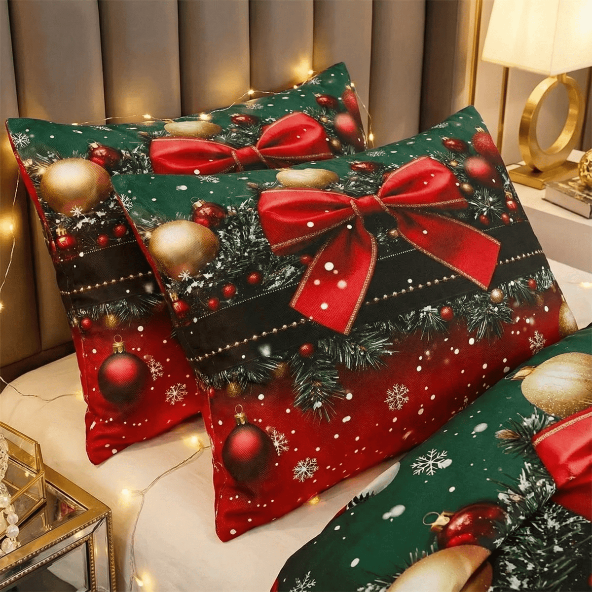 Christmas Bedding Set Green & Red Bow Print Cozy Duvet Cover in All Sizes