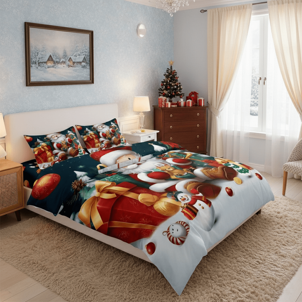Cozy Christmas Santa & Snowman Bedding Set for Bedroom & Home Decor
