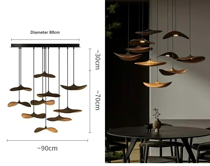 Japanese Lotus Leaf Chandelier Wabi Sabi Wooden Art Light for Zen Villas & Luxury Dining Spaces