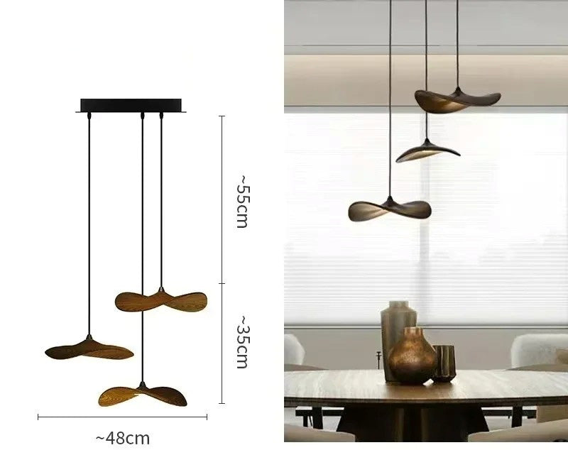 Japanese Lotus Leaf Chandelier Wabi Sabi Wooden Art Light for Zen Villas & Luxury Dining Spaces