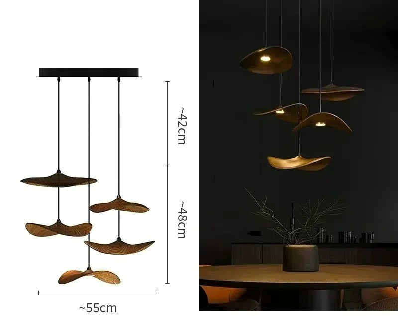 Japanese Lotus Leaf Chandelier Wabi Sabi Wooden Art Light for Zen Villas & Luxury Dining Spaces