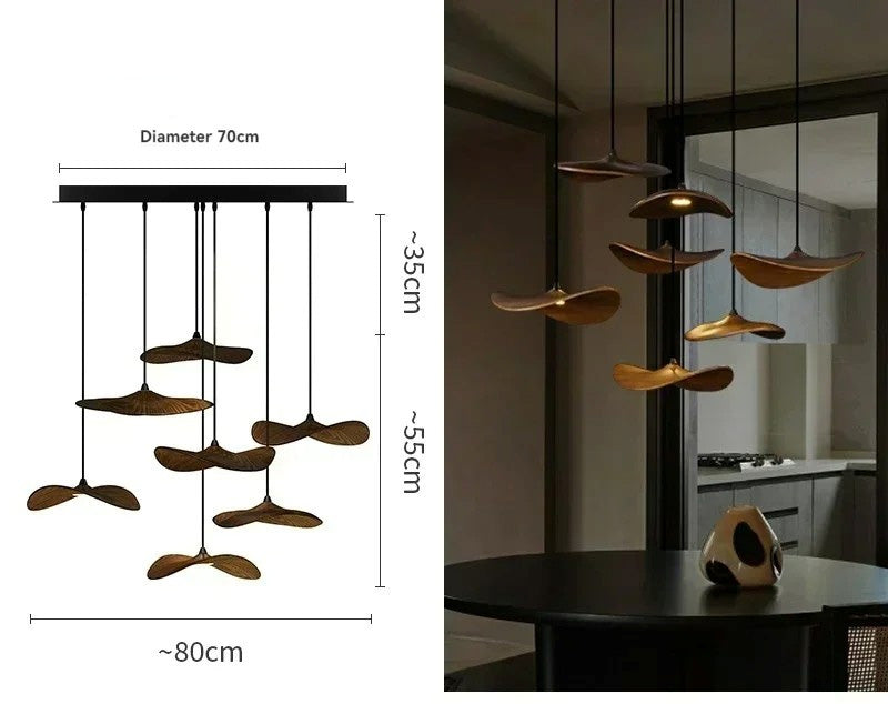 Japanese Lotus Leaf Chandelier Wabi Sabi Wooden Art Light for Zen Villas & Luxury Dining Spaces