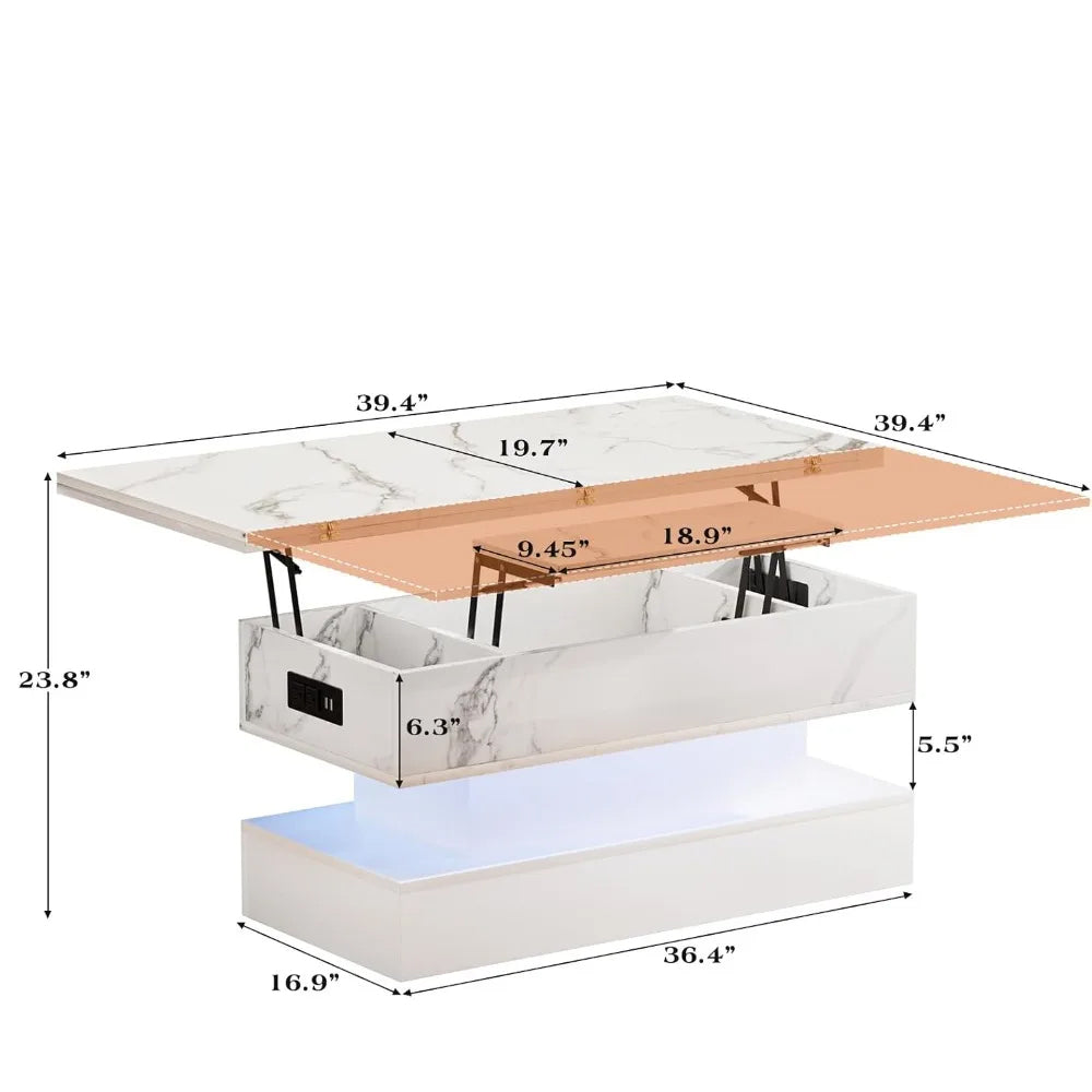 Lift Top  LED Coffee Table with Hidden Storage & Convenient Charging Station for Futuristic Homes