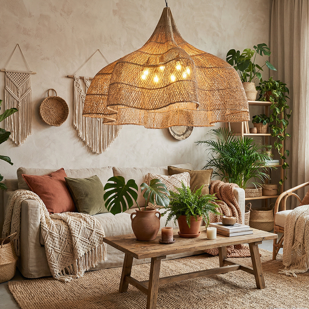 Luxury Rattan Chandelier Japanese Retro Style Pendant Lighting for Living Rooms