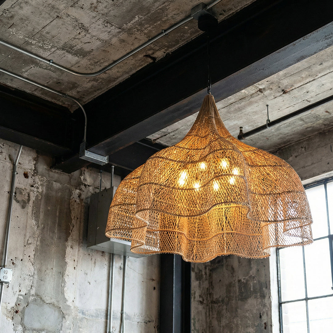 Luxury Rattan Chandelier Japanese Retro Style Pendant Lighting for Living Rooms