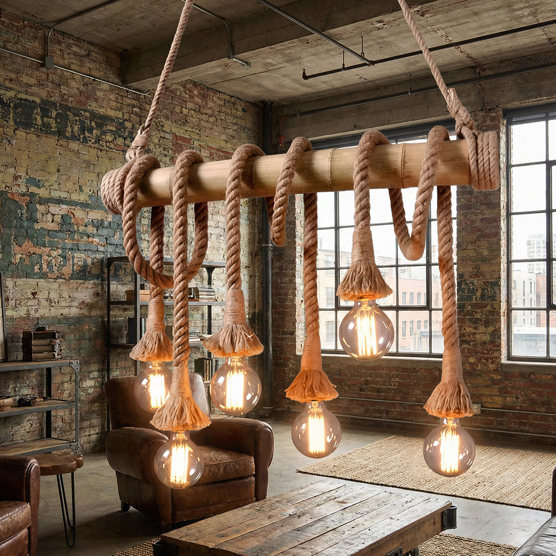Rope Pendant Light RP0005 Vintage Bamboo Chandelier for Kitchens & Industrial Spaces