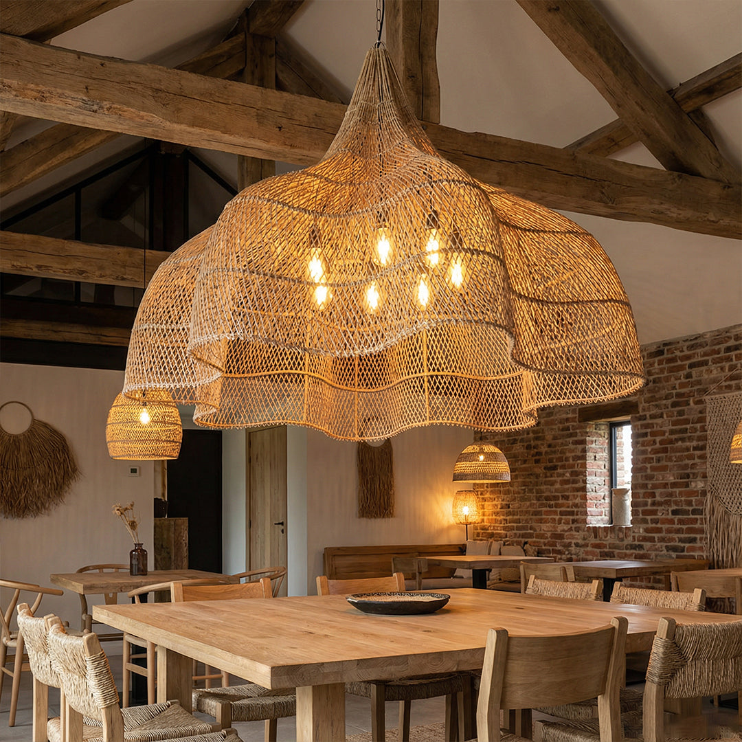 Luxury Rattan Chandelier Japanese Retro Style Pendant Lighting for Living Rooms