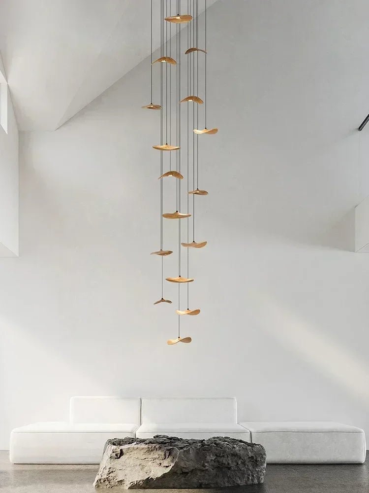 Japanese Lotus Leaf Chandelier Wabi Sabi Wooden Art Light for Zen Villas & Luxury Dining Spaces