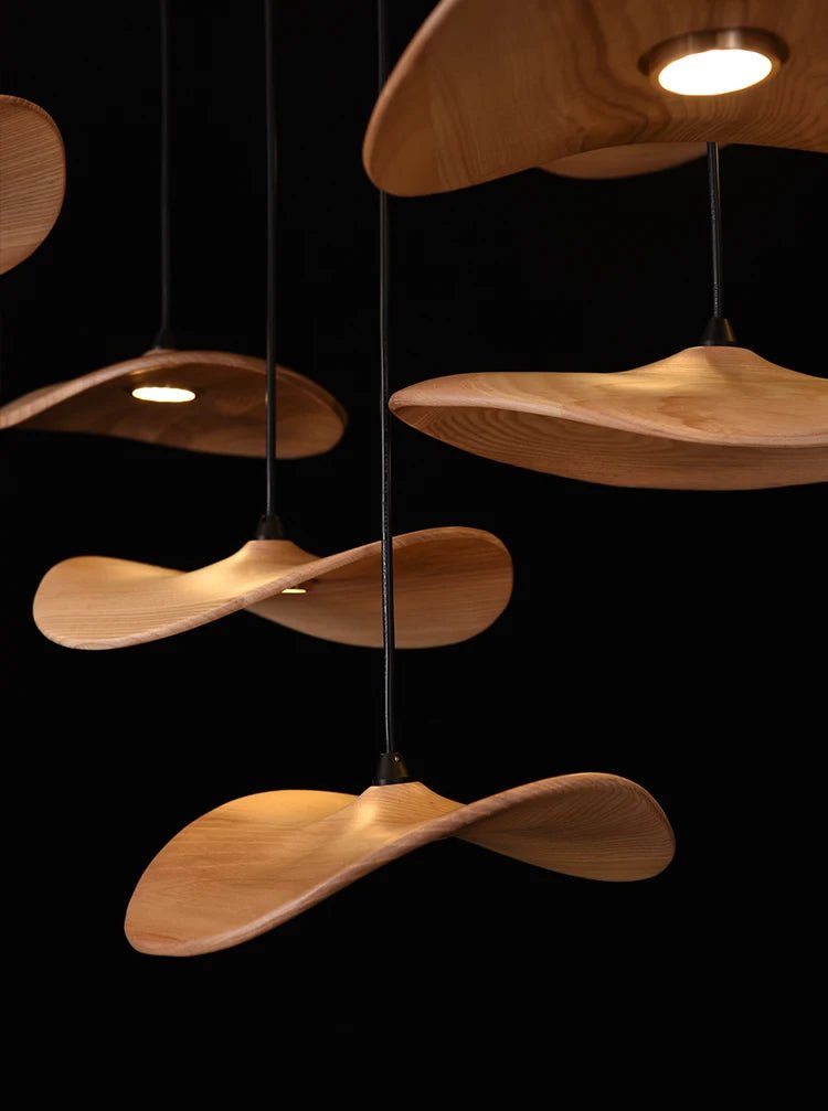 Japanese Lotus Leaf Chandelier Wabi Sabi Wooden Art Light for Zen Villas & Luxury Dining Spaces