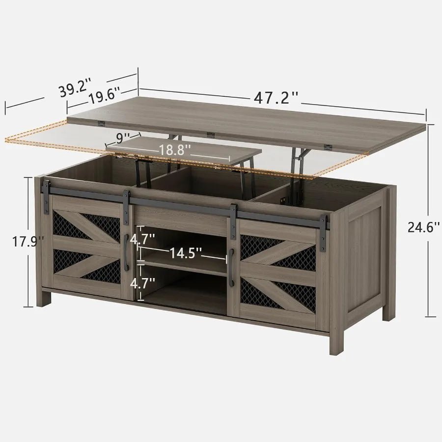Lift Top Coffee Table with Hidden Storage, Sliding Barn Doors & Game-Changing Functionality for Living Room