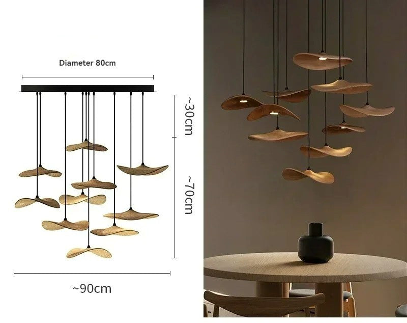 Japanese Lotus Leaf Chandelier Wabi Sabi Wooden Art Light for Zen Villas & Luxury Dining Spaces