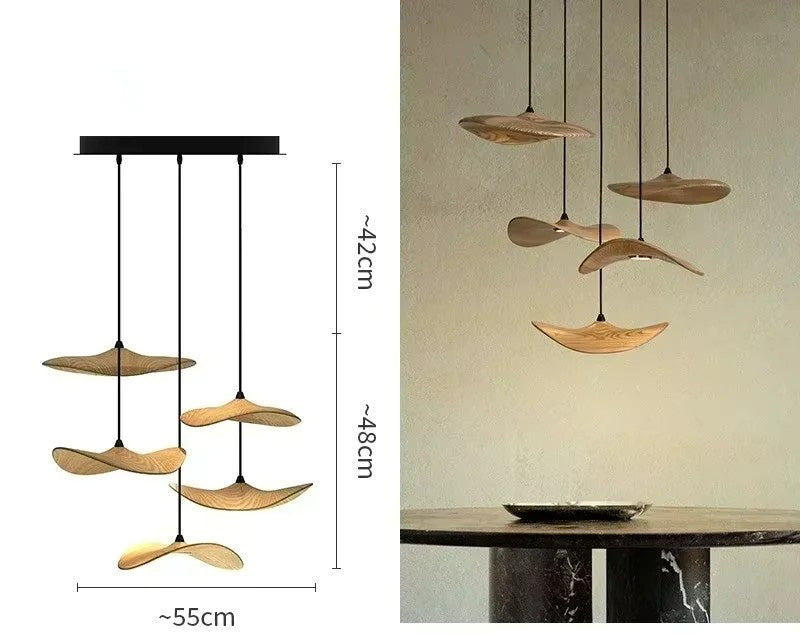 Japanese Lotus Leaf Chandelier Wabi Sabi Wooden Art Light for Zen Villas & Luxury Dining Spaces