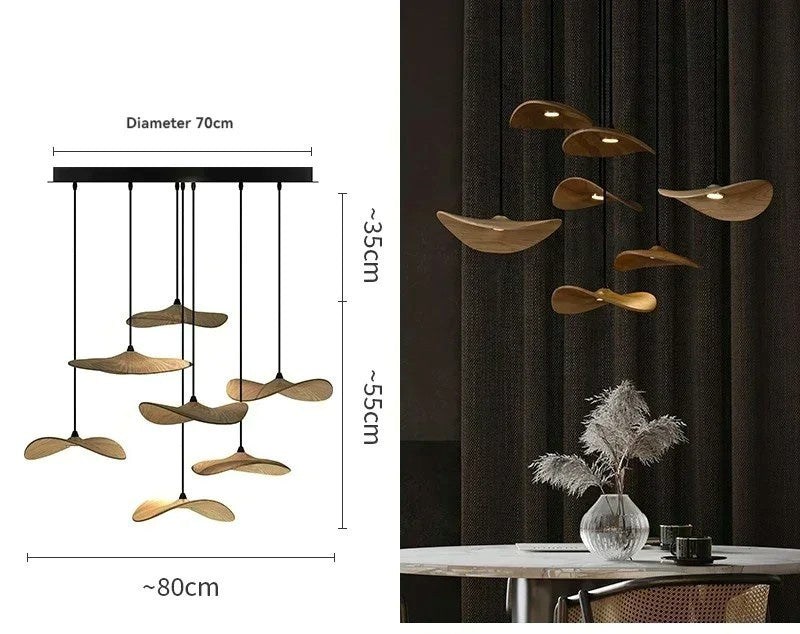 Japanese Lotus Leaf Chandelier Wabi Sabi Wooden Art Light for Zen Villas & Luxury Dining Spaces