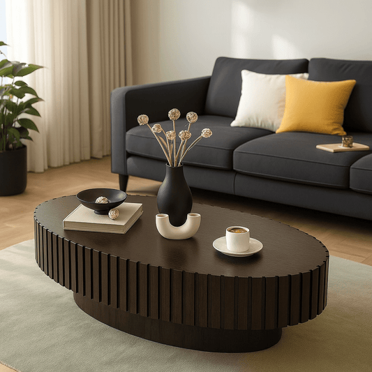 Luxury Oval Coffee Table with Handcrafted Drum Base & Fluted Wood Finish
