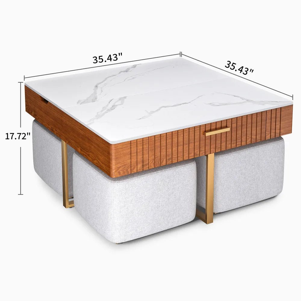 Luxury White Marble Coffee Table Set with Lift Top & 4 Stools Perfect for Modern Living Rooms