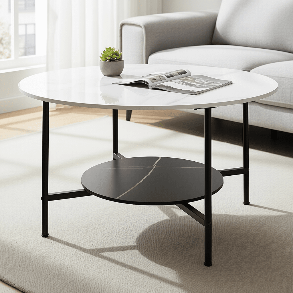 Luxury White Marble Round Coffee Table with Storage for Living Room