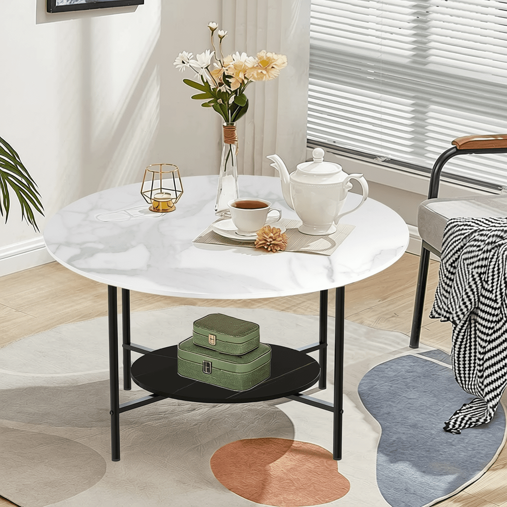Luxury White Marble Round Coffee Table with Storage for Living Room