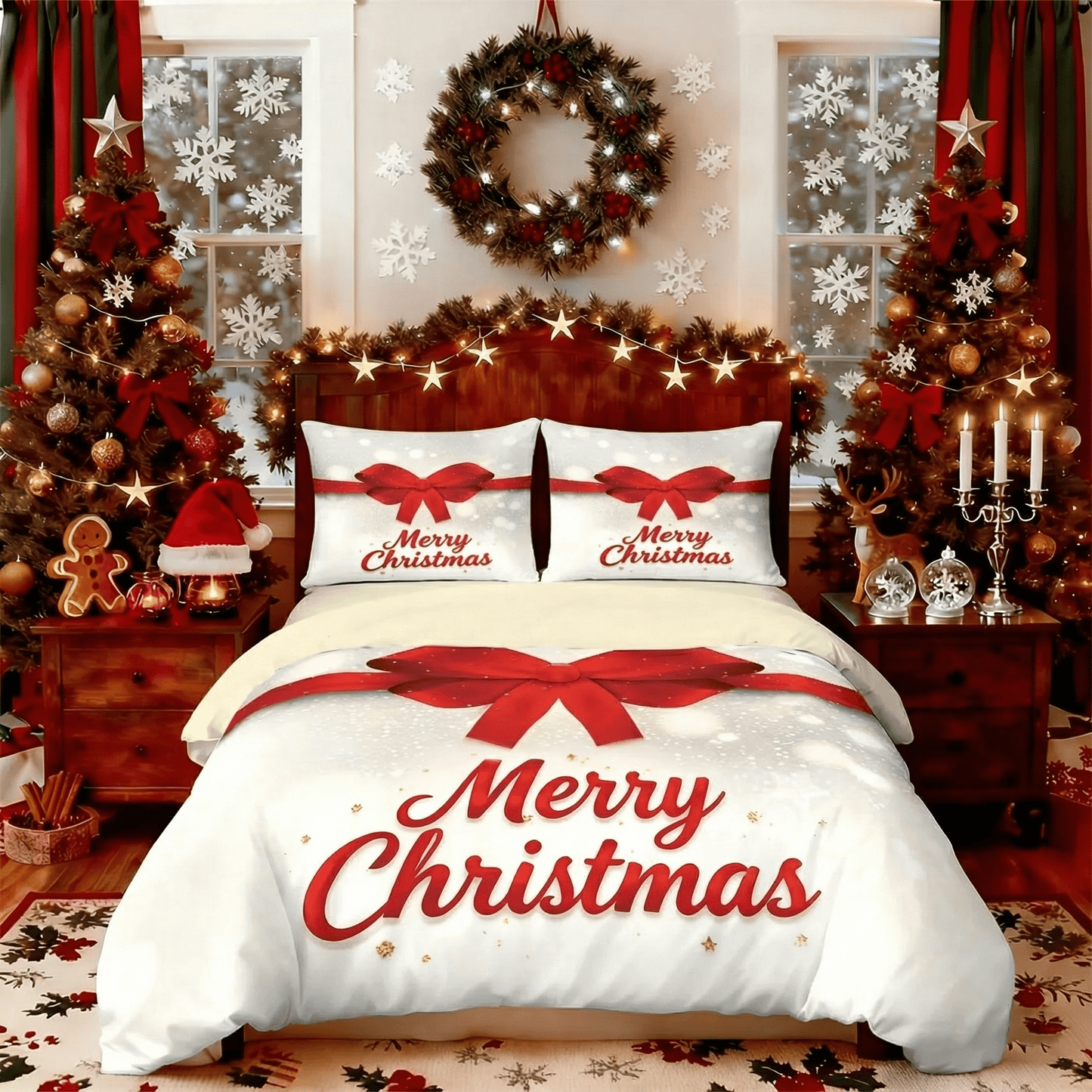 Merry Christmas Bedding Set Red Bow Print Multi Size Holiday Collection