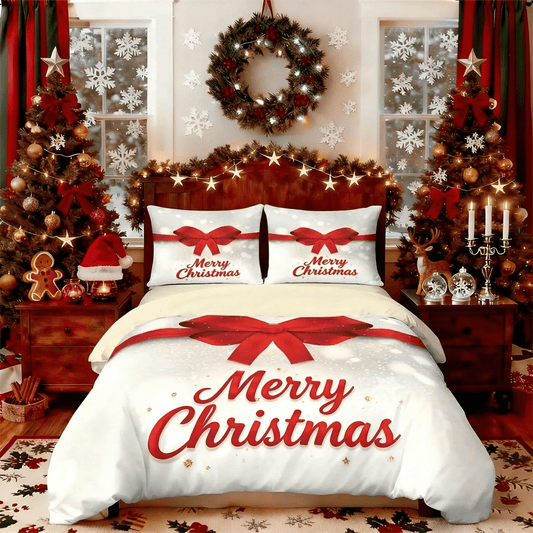 Merry Christmas Bedding Set Red Bow Print Multi Size Holiday Collection