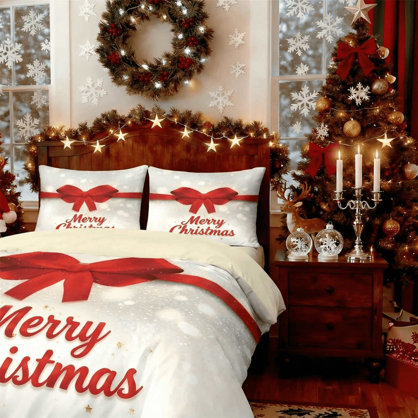 Merry Christmas Bedding Set Red Bow Print Multi Size Holiday Collection