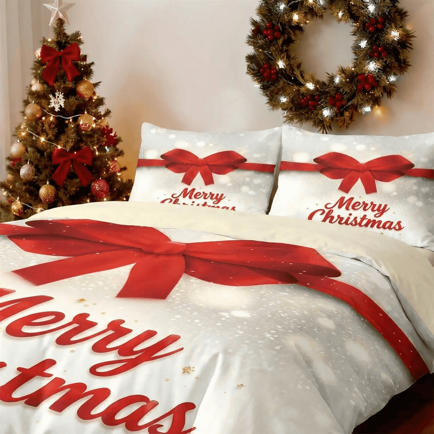 Merry Christmas Bedding Set Red Bow Print Multi Size Holiday Collection