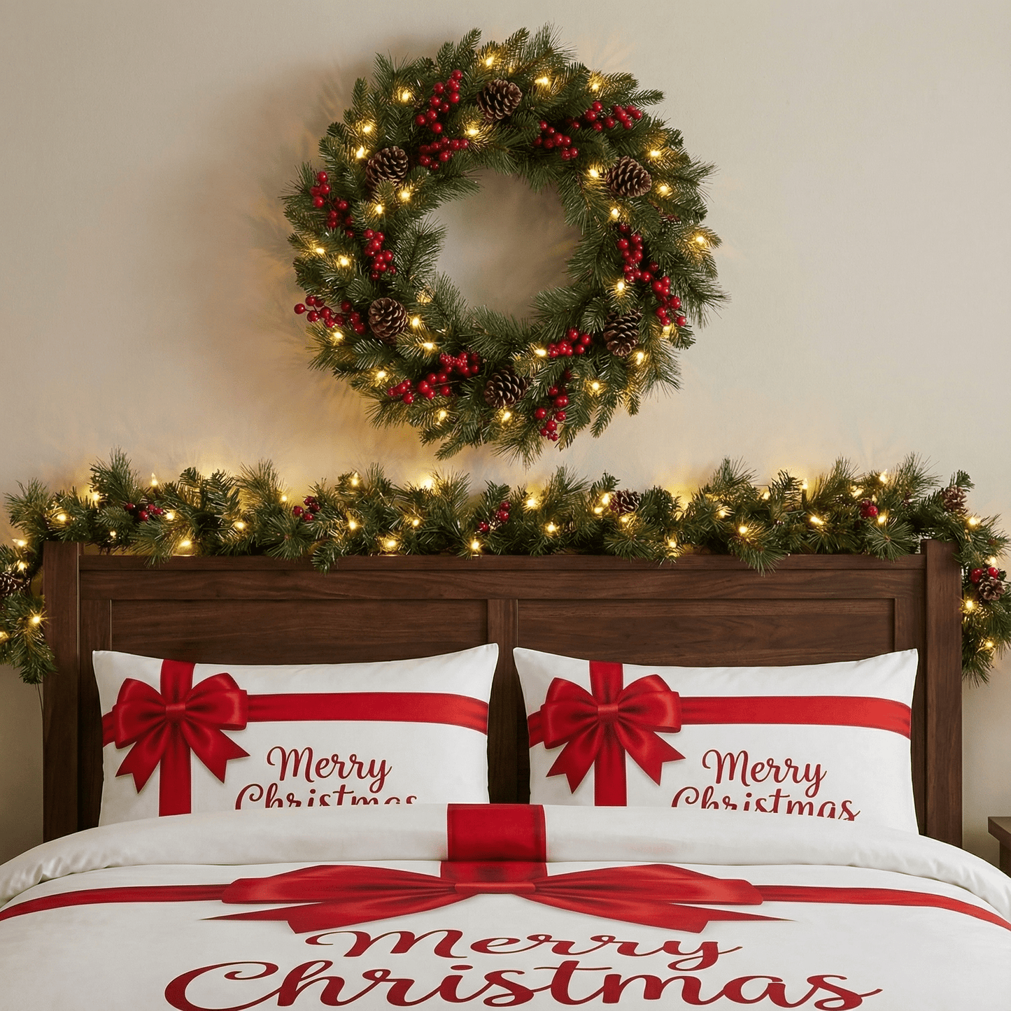 Merry Christmas Bedding Set Red Bow Print Multi Size Holiday Collection