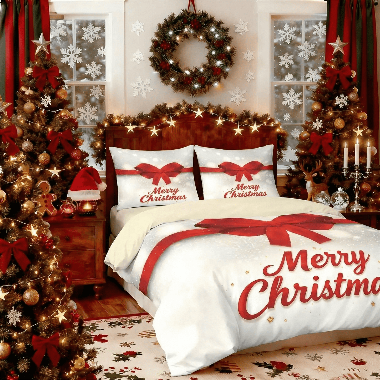 Merry Christmas Bedding Set Red Bow Print Multi Size Holiday Collection