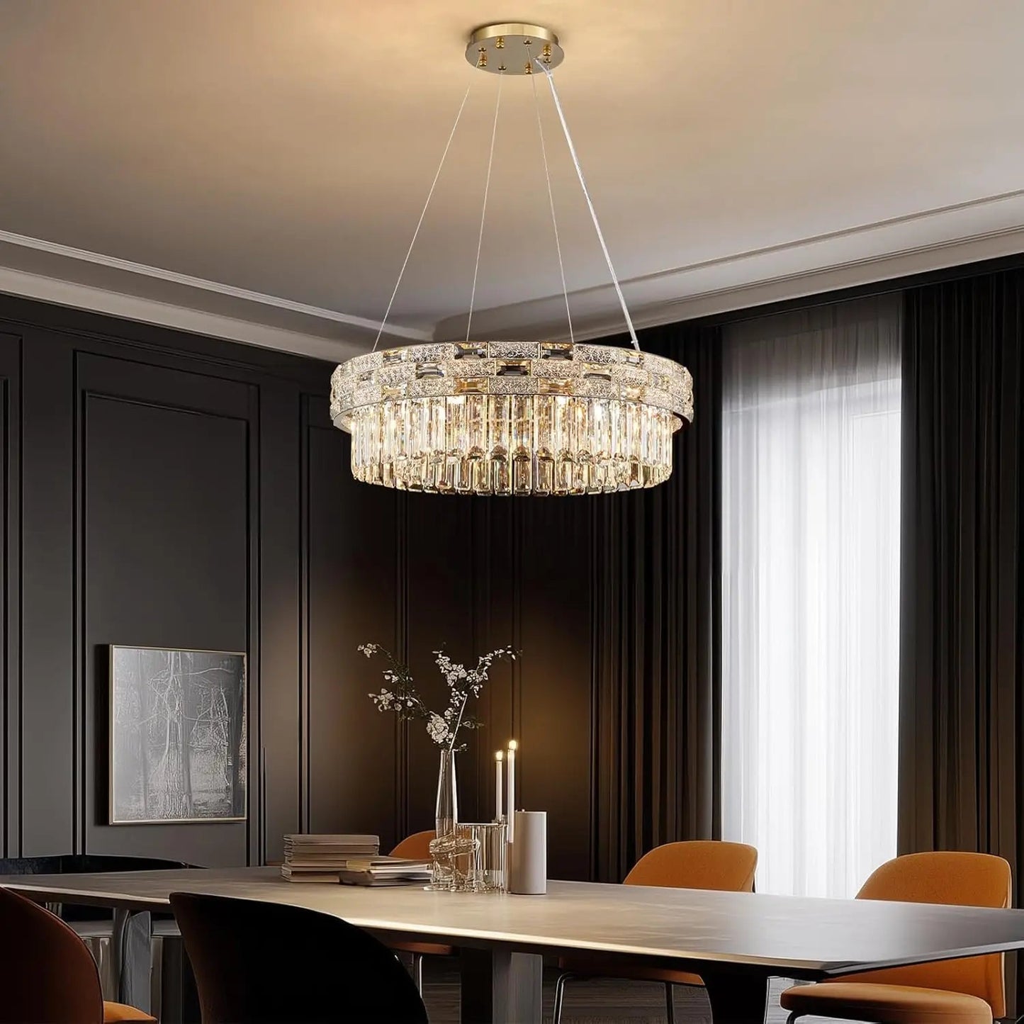 Modern Gold Crystal Chandelier Large LED Pendant Light Perfect for Dining Rooms & Living Spaces