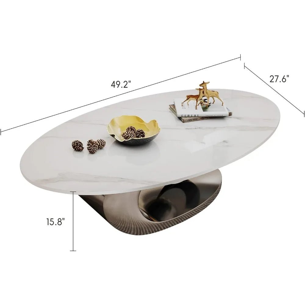 Modern Oval Stone Coffee Table Elegant Gray Metal Base Centerpiece for Luxury Living Rooms