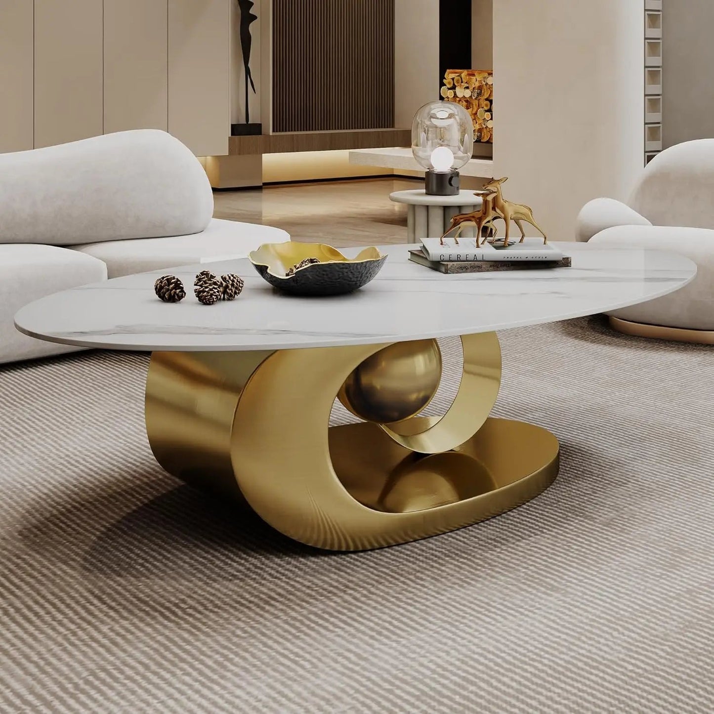 Modern Oval Stone Coffee Table Elegant Gray Metal Base Centerpiece for Luxury Living Rooms