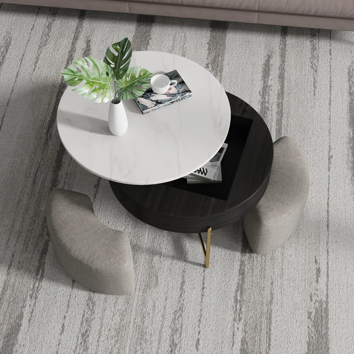 Modern Round Slate Coffee Table with Storage 3 Nesting Stools for Living Room