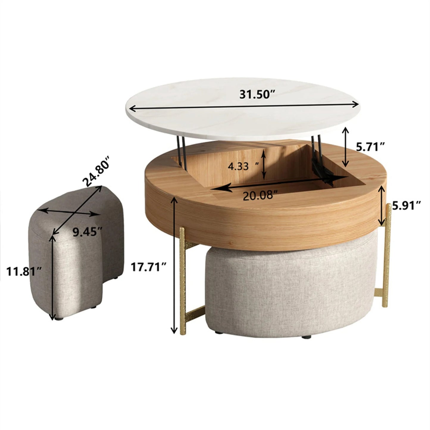 Modern Round Slate Coffee Table with Storage 3 Nesting Stools for Living Room