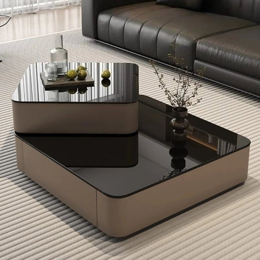 Multifunctional Italian Coffee Table Rotating, Glass & Wood, Perfect for Living Rooms