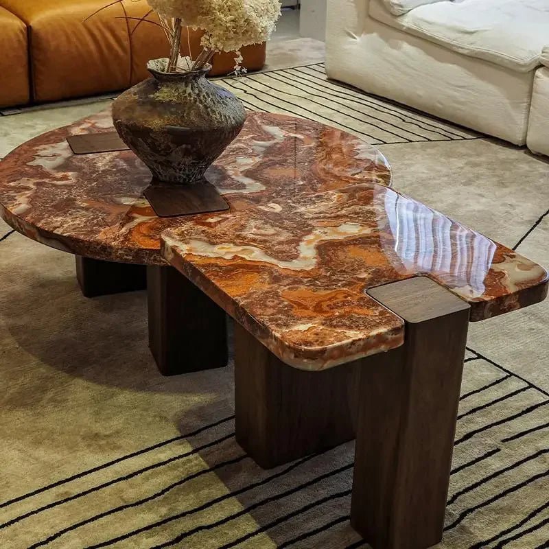Red Marble Geometric Coffee Table Round & Square Fusion with wooden Base for Living Room