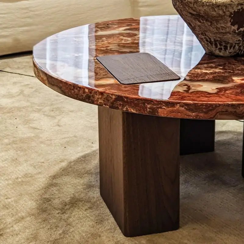Red Marble Geometric Coffee Table Round & Square Fusion with wooden Base for Living Room