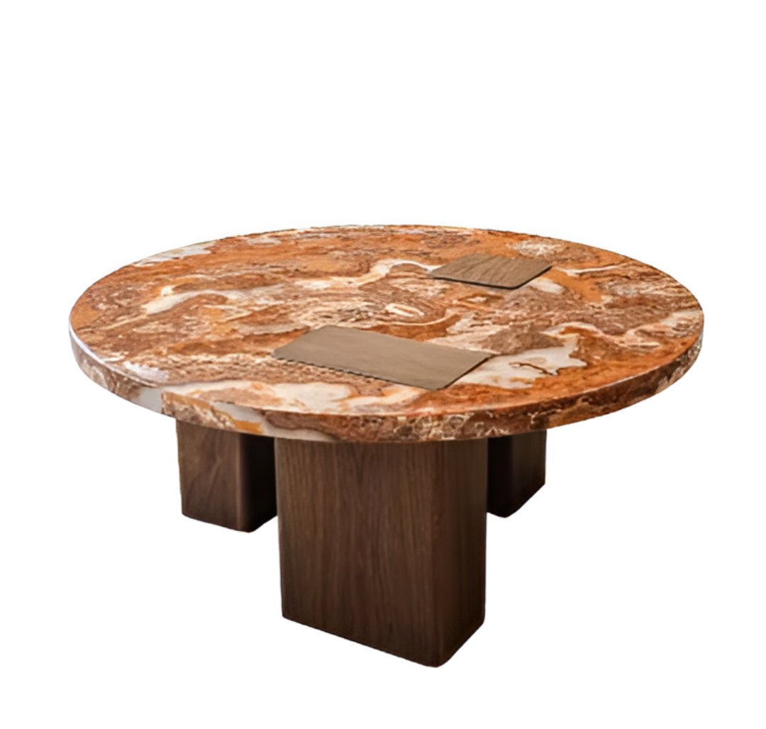 Red Marble Geometric Coffee Table Round & Square Fusion with wooden Base for Living Room