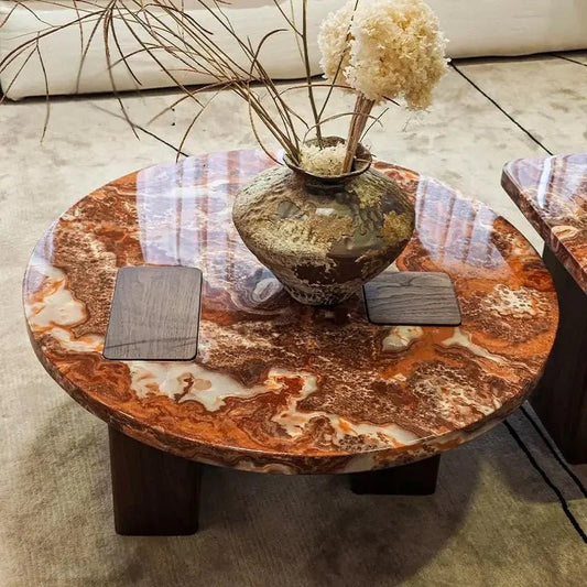 Red Marble Geometric Coffee Table Round & Square Fusion with wooden Base for Living Room